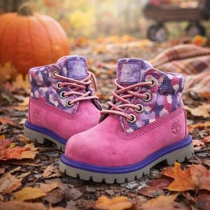 Timberland Toddler 7 Pink Nubuck Plaid Collar Lace-Up Boots